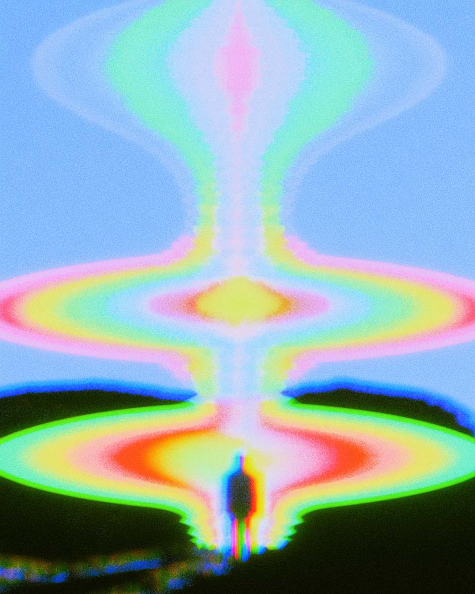 A standing figure at the centre of radiating bands of light